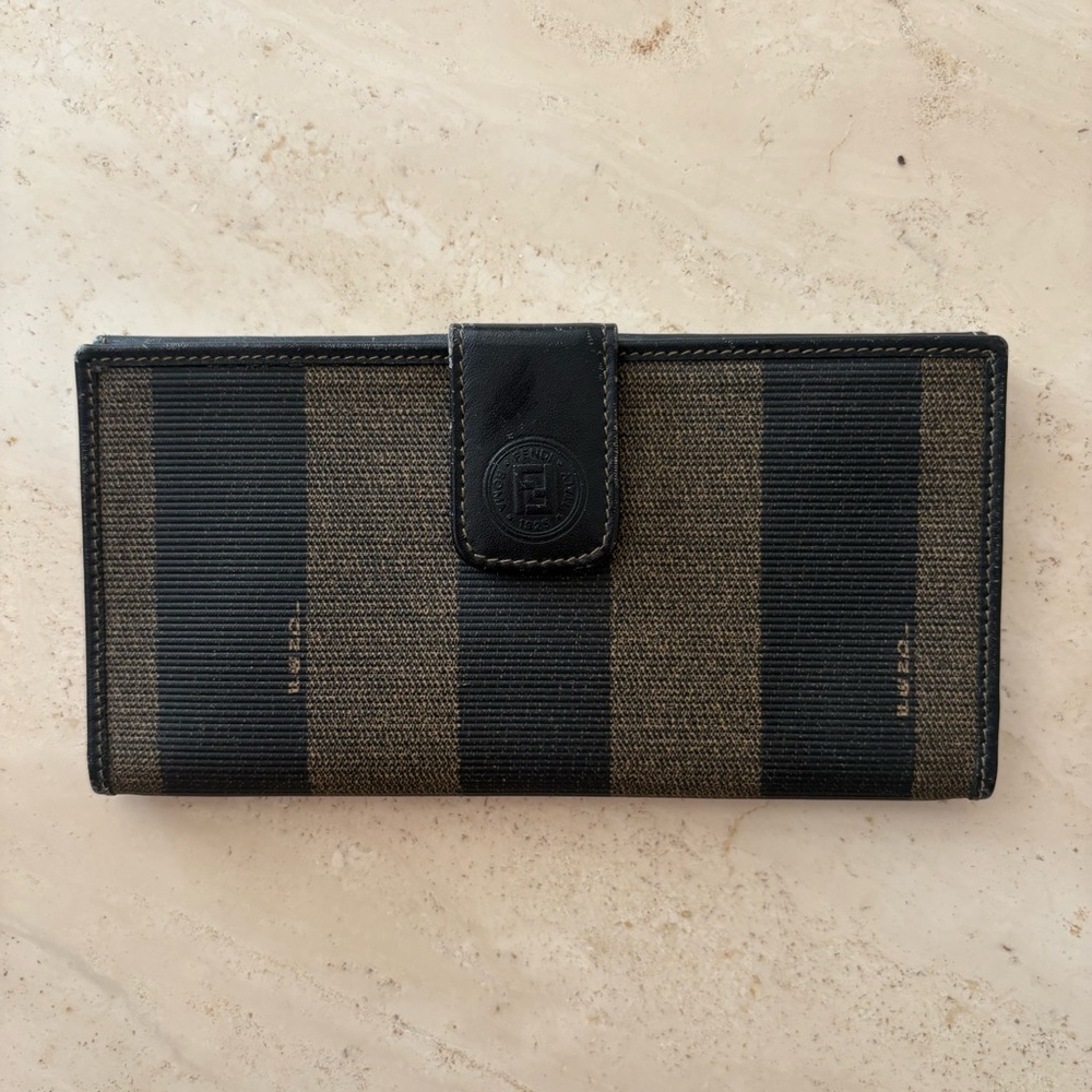 Fendi Striped Canvas Long Wallet in Black and Brown